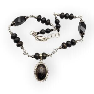 Black Stone Beaded Necklace Sterling Silver Pendant 925 Dark Minimalist
